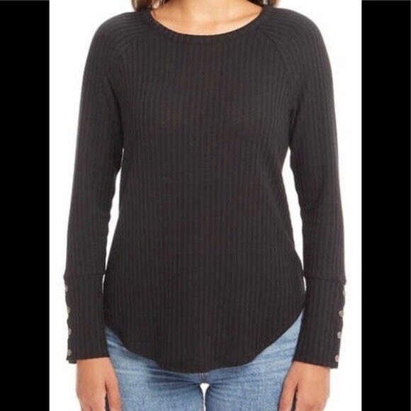 Chaser Women’s Black Long Sleeve Waffle Knit Thermal Top Button Cuffs Sz XLarge - Picture 3 of 14